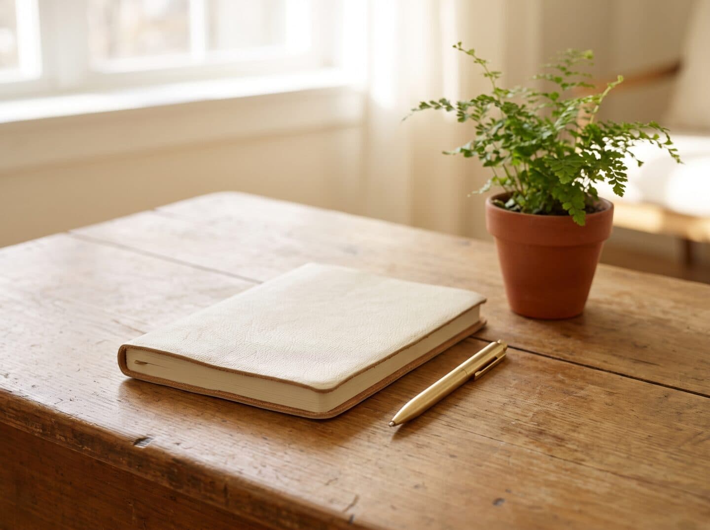 A cream notebook and gold pen beside a potted fern on a wooden desk in soft daylight