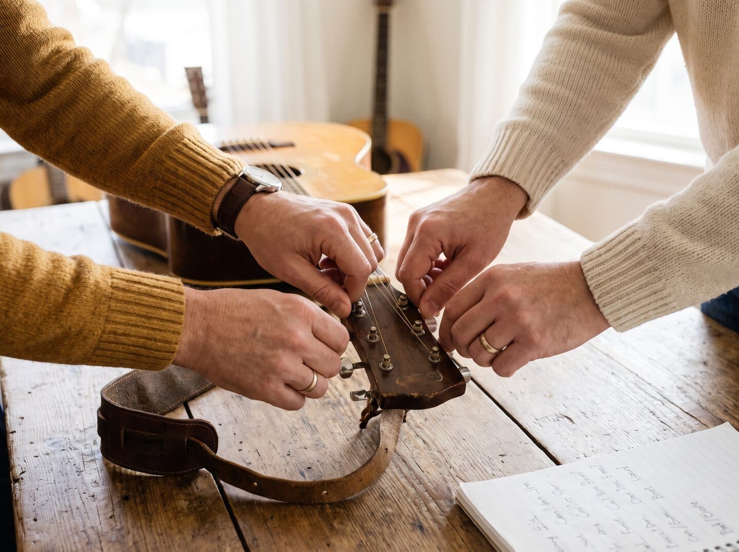 Two music educators' hands tuning an acoustic guitar together at a table